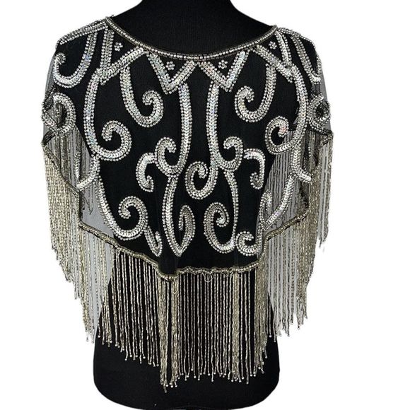 Vintage Silver Beaded Sequin Caplet Shawl Made in India Sparkle Evening … - Picture 5 of 10